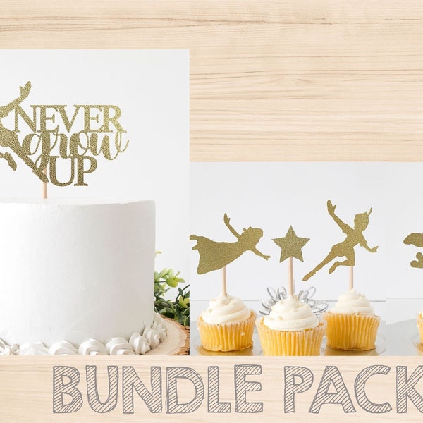 BUNDLE PACK! Never Grow Up Peter Pan Cake Topper + Peter Pan And Friends Cupcake Toppers Birthday Babyshower. Double Sided Glitter Cardstock