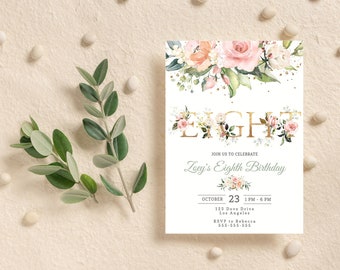 Editable Eight Floral Invitation Template Printable Eighth Birthday Invite Flower Theme Pink Blush 8th Birthday Party Card. INSTANT DOWNLOAD