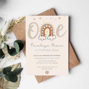 Bearbeitbar One Rainbow Einladung Vorlage Erster Geburtstag Boho Thema Mädchen 1. Geburtstag Moderne Boho Printable. SOFORTIGER DOWNLOAD