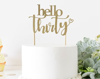 Hello Thirty With Heart Cake Topper for Birthday Party and Celebrations. Double sided Glitter Card Stock