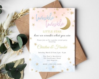 Editable Twinkle Twinkle Little Star How We Wonder What You Are Invitation Template Gender Reveal Party Baby Shower. INSTANT DOWNLOAD