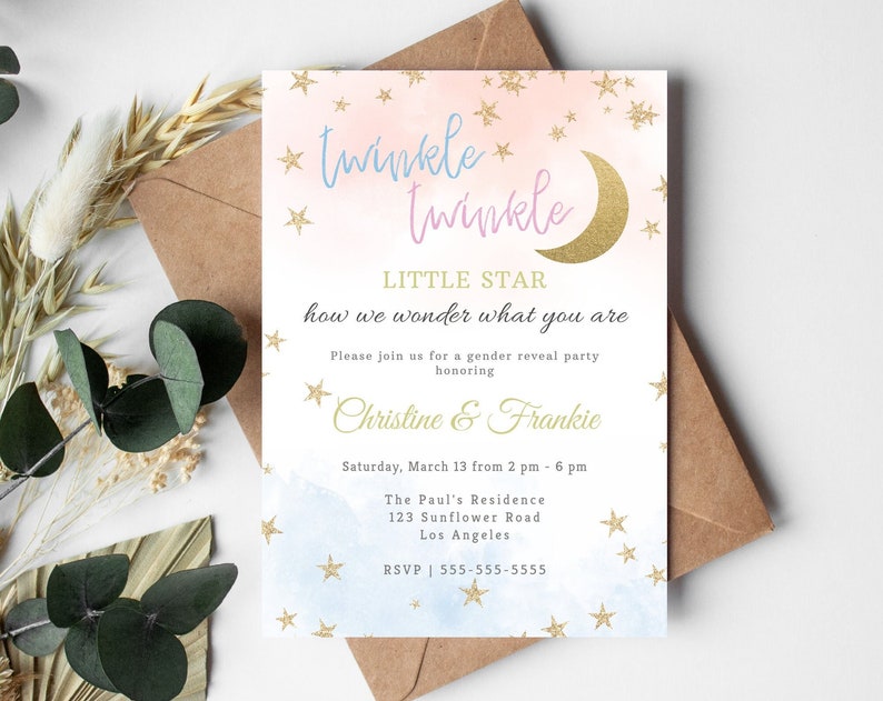Editable Twinkle Twinkle Little Star How We Wonder What You Are Invitation Template Gender Reveal Party Baby Shower INSTANT