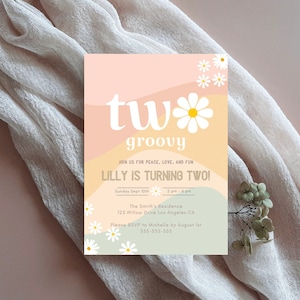 Bewerkbare sjabloon voor twee hippe uitnodigingen voor hippie 2e verjaardagsfeestje Groovy Flower Peace Sign afdrukbare Flower Power. DIRECT DOWNLOADEN