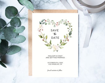 Editable Save The Date Invitation Template Heart Floral Wreath Flower Wedding Invite Event Printable Personalized Invite. INSTANT DOWNLOAD