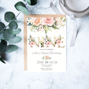 Modèle modifiable d'invitation florale pour neuvième anniversaire, impression d'invitation pour neuvième anniversaire, thème floral pour fête d'anniversaire de neuf neuf, rose fard à joues. TÉLÉCHARGEMENT IMMÉDIAT