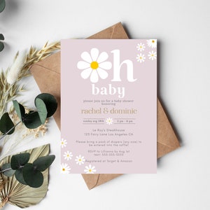 Editable Oh Baby Daisy Baby Shower Invitation Template Groovy Theme Hippie Party Gender Reveal Its A girl Flower Theme. INSTANT DOWNLOAD