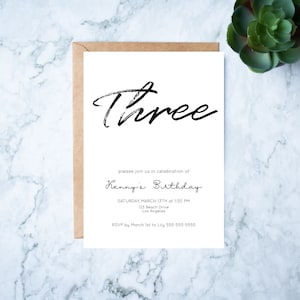 Editable Three Birthday Invitation Template Printable 3rd Birthday Party Simple Third Birthday Invite Corjl Downloadable. INSTANT DOWNLOAD