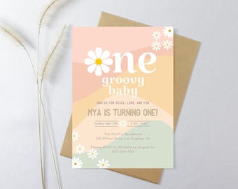 Bewerkbare uitnodigingssjabloon voor een hippie-verjaardagsfeestje met een groovy bloemen- en vredesteken. Printbaar met het Flower Power-thema. DIRECT TE DOWNLOADEN.