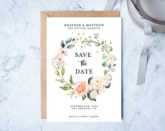 Bewerkbare Save The Date bloemenkrans uitnodiging sjabloon bruiloft evenement uitnodigen bloemen thema roze blos bloemen digitaal. DIRECT DOWNLOADEN