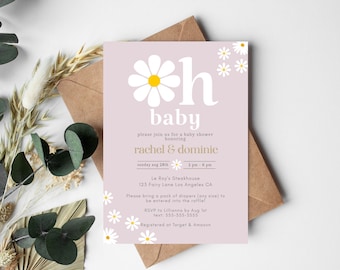 Editable Oh Baby Daisy Baby Shower Invitation Template Groovy Theme Hippie Party Gender Reveal Its A girl Flower Theme. INSTANT DOWNLOAD