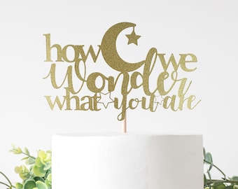How We Wonder What You Are Cake Topper For Gender Reveal Party, Baby Shower Decoration. Double Sided Glitter Cardstock