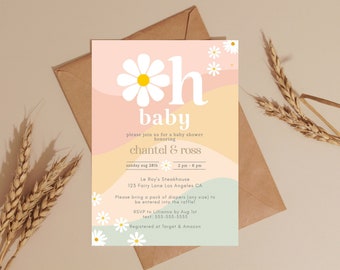 Editable Oh Baby Daisy Baby Shower Invitation Template Groovy Theme Neutral Hippie Party Gender Reveal Its A girl Flower. INSTANT DOWNLOAD