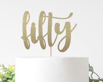 Fifty Cake Topper For 50th Birthday Party, Hello 50 Decoration. Double Sided Glitter Cardstock