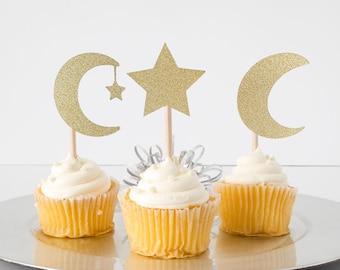Moon And Star Cupcake Topper For Any Party, Celebration, Baby Shower, Gender Reveal, Decoration Double Sided Glitter Cardstock Set of 9