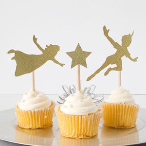 Peter Pan And Friends Cupcake Topper For Birthday Party Baby Shower Gender Reveal Decoration Double Sided Glitter Card Stock Set of 10