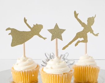 Peter Pan And Friends Cupcake Topper For Birthday Party Baby Shower Gender Reveal Decoration Double Sided Glitter Card Stock Set of 10