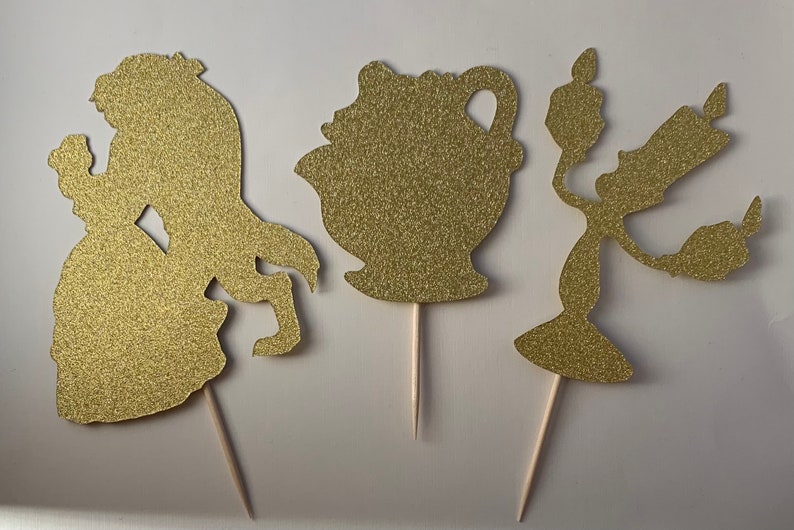 Princess Decoration Beauty And The Beast Cupcake Toppers For Birthday Party Double Sided Glitter Cardstock Set of 12