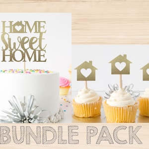 BUNDLE PACK! Home Sweet Home Cake Topper + House With Heart Cupcake Toppers For Housewarming Party New Home. Double Sided Glitter Cardstock