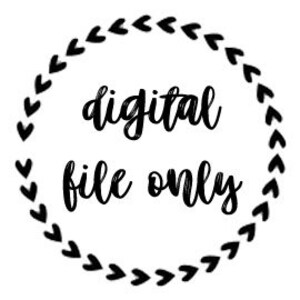 Op de afbeelding: Tekst "Digitaal bestand alleen" in een zwarte cirkel op een witte achtergrond met een rand van zwarte harten.