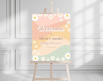 Editable Retro Groovy Baby Shower Welcome Sign Template Gender Reveal Hippie Daisy Neutral Colors Theme Birthday Party. INSTANT DOWNLOAD