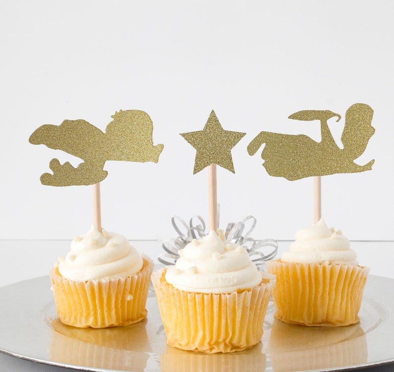BUNDLE PACK Never Grow Up Tinker bell Cake Topper + Peter Pan & Friends Cupcake Toppers Birthday Party Double Sided Glitter Card Stock image 4