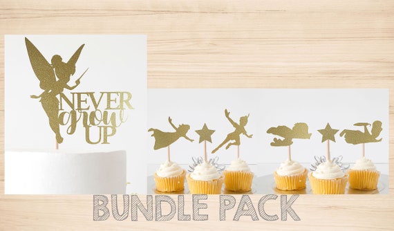 BUNDLE PACK Never Grow Up Tinker bell Cake Topper + Peter Pan & Friends Cupcake Toppers Birthday Party Double Sided Glitter Card Stock