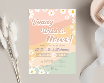 Bewerkbare uitnodiging voor een verjaardag van Young Wild And Three (derde verjaardag, derde feest, hippie, madeliefjes, bloemen). DIRECT TE DOWNLOADEN