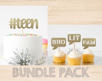 BUNDLE PACK Hashtag Teen Cake Topper + Chat Bubble Cupcake Toppers For 13th Birthday Party Teenagers Birthday Double Sided Glitter Cardstock