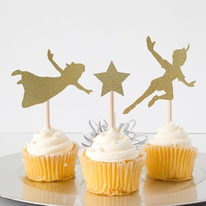 BUNDLE PACK Never Grow Up Tinker bell Cake Topper + Peter Pan & Friends Cupcake Toppers Birthday Party Double Sided Glitter Card Stock image 3