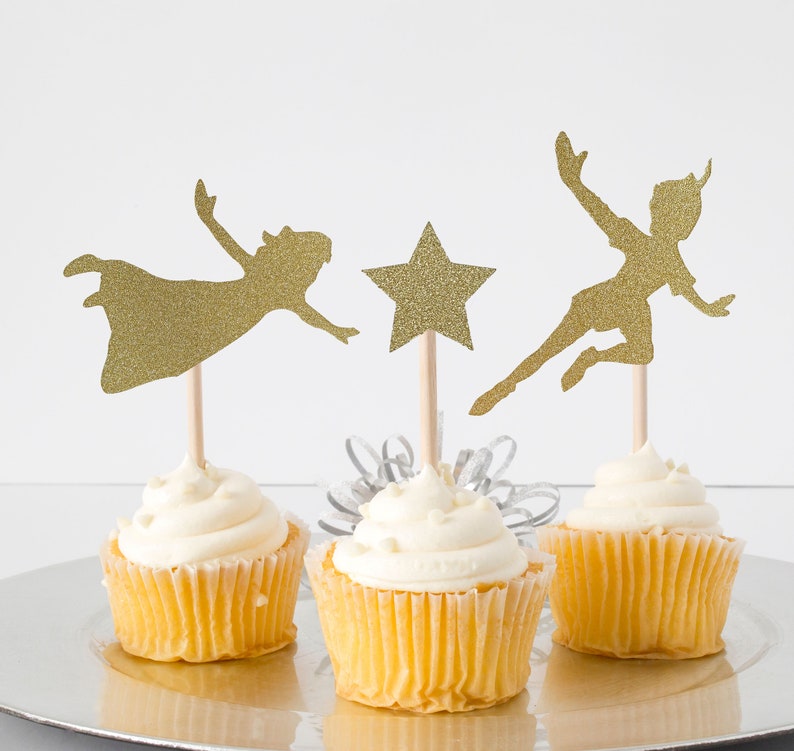 BUNDLE PACK Never Grow Up Tinker bell Cake Topper + Peter Pan & Friends Cupcake Toppers Birthday Party Double Sided Glitter Card Stock image 3