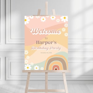 Modelo de placa de boas-vindas editável Retro Groovy Daisy Aniversário Chá de bebê Revelação do sexo do bebê Festa com tema de paz e amor e flores hippie. DOWNLOAD INSTANTÂNEO