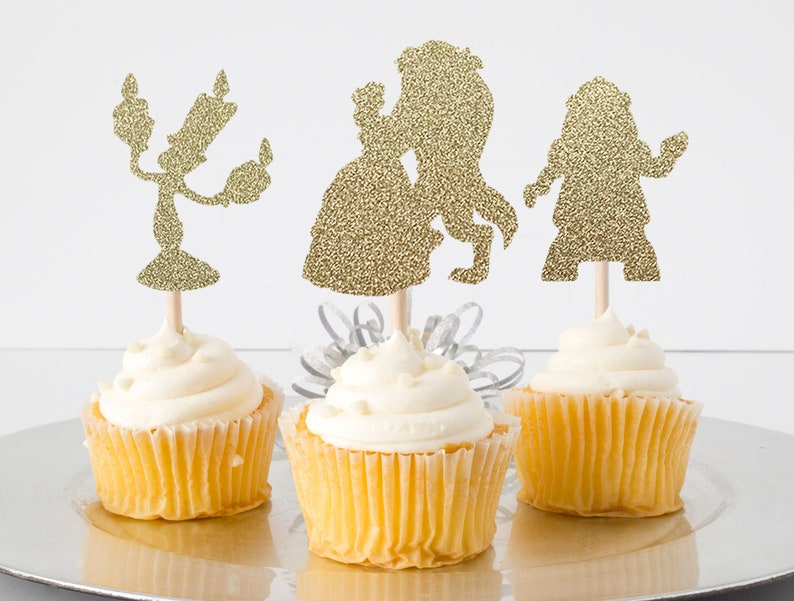 Princess Decoration Beauty And The Beast Cupcake Toppers For Birthday Party Double Sided Glitter Cardstock Set of 12