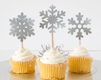 Snowflake Cupcake Toppers For Winter Party Christmas Theme Party Frozen Baby Shower Gender Reveal Double Sided Glitter Cardstock. Set of 12