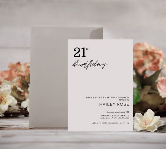 Editable 21st Any Age Birthday Invitation Template, Any Age Simple Modern Minimal Invite, Printable, Customize Invitation. INSTANT DOWNLOAD