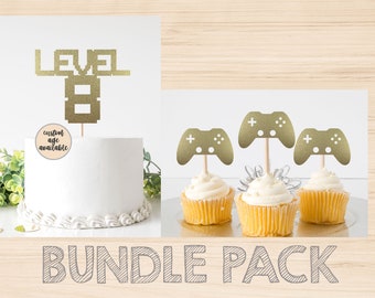 BUNDLE PACK! Level Custom Age Cake Topper + Game Remote Cupcake For Gamer Birthday Video Game Centerpiece. Double Sided Glitter Cardstock