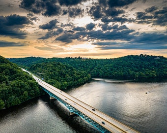 Wrapped Canvas, West Virginia Lake Day, Rolling Hills, Sunset, Bridge Over Water, Dramatic Sky