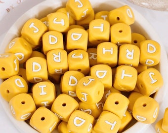 Mustard/White Letters Silicone Beads
