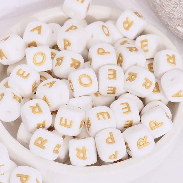 White/Shiny Gold Letter Silicone beads