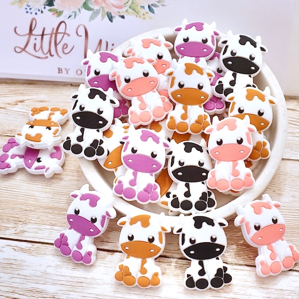 Dairy Cows - Purple/White  - Pink/White - Black/White - Long Horn - Double Sided Silicone Bead