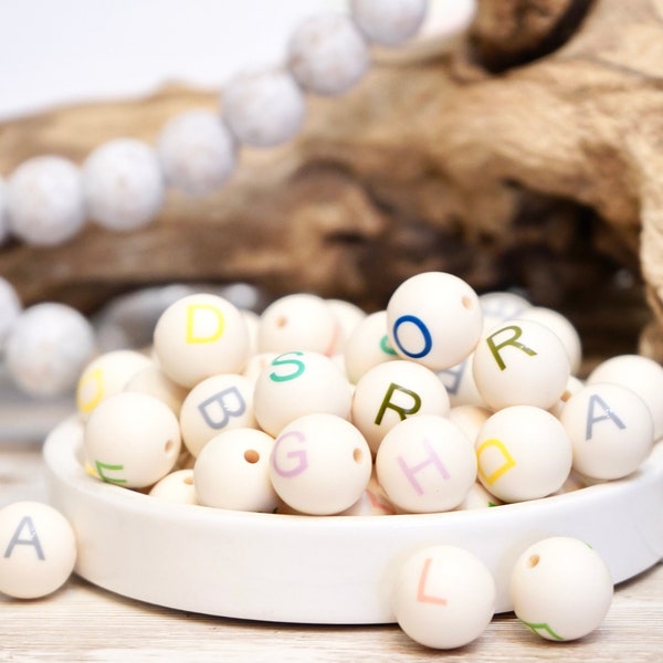 Bone White/Color Letter Beads - Silicone Round 15mm, Great for DIY Pens, Bracelets, Keychains, Lanyards and much more!