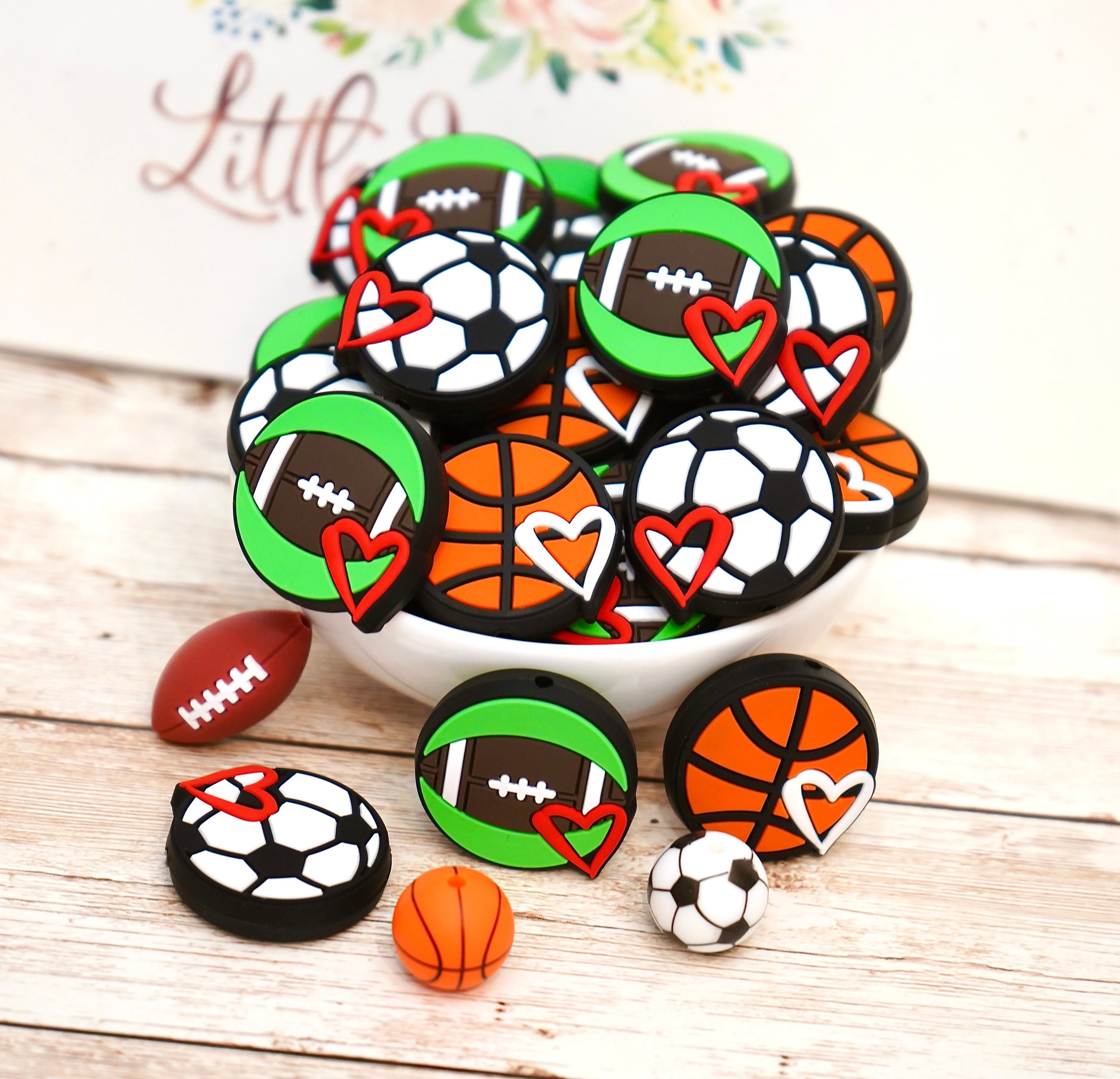 Bracelet Charms Bulk Baseball Softball Football Round DIY Silicone Beads Soccer Basketball Volleyball Silicone Accessory Kit for Keychain Making