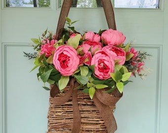 Peony Wreath, Peony Basket Wreath, Summer Wreath, Farmhouse Wreath, Double Door Wreath, Housewarming Gift, Indoor Wreath, Farmhouse Indoor