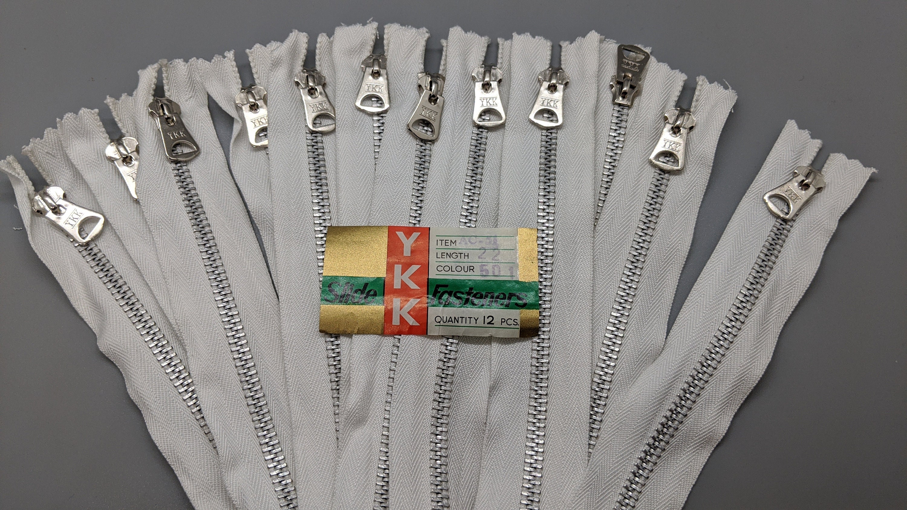 Metal Zippers Set of 12 White 22 NonSeparating YKK Silvertone Heavy
