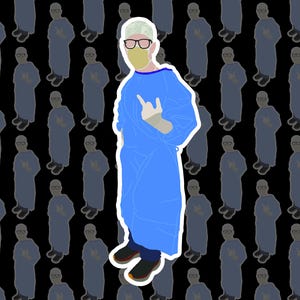 May include: A person wearing a blue surgical gown, a white surgical cap, and a blue surgical mask. The person is making a hand gesture with their right hand. The background is a pattern of the same person in the same pose.