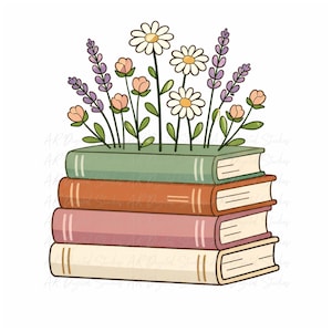 Può includere: Illustrazione di una pila di quattro libri in verde, arancione, rosa e crema. Margherite, lavanda e piccoli fiori rosa spuntano dal libro superiore, creando un design affascinante e colorato.
