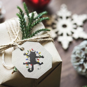 Puede incluir: Una caja de regalo marrón envuelta en cordel con una rama de pino verde. Una etiqueta de regalo hexagonal con una silueta de gato negro y luces de colores está unida a la caja.