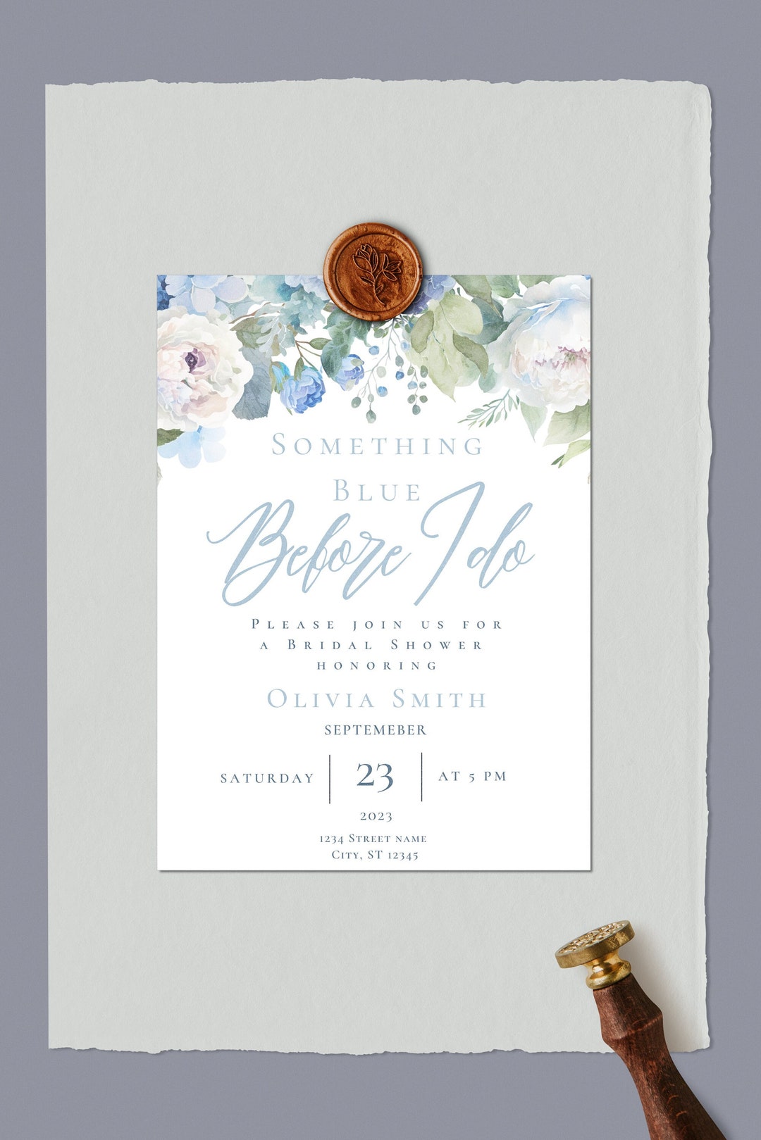 Something Blue Bridal Shower Invitation Template, Greenery Bridal