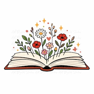 Può includere: Un libro aperto con bordi rossi e dorso nero, adornato con fiori e foglie colorate. I fiori includono papaveri rossi, margherite bianche e fiori rosa. Stelle dorate e un piccolo cuore rosso completano il design.