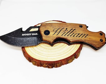 Laser Engraved Pocket Knife, Mossy Oak Wood, Personalized Gift