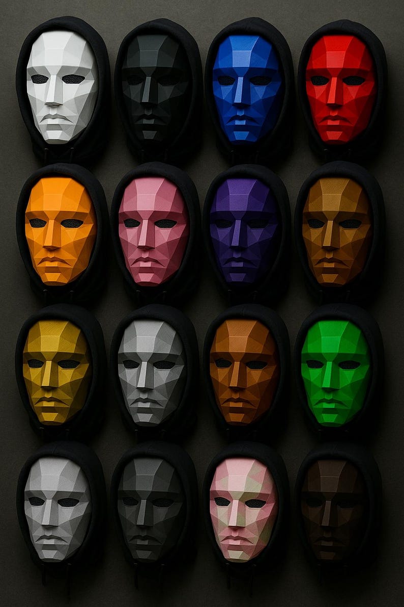 K&ouml;nnte beinhalten: Eine Sammlung von sechzehn geometrischen Gesichtsmasken in verschiedenen Farben, jede mit einer schwarzen Kapuze. Die Masken sind in einem Raster angeordnet und zeigen eine Reihe von Farbt&ouml;nen von Wei&szlig; bis Schwarz, Blau, Rot, Orange, Rosa, Lila, Gold und Gr&uuml;n.